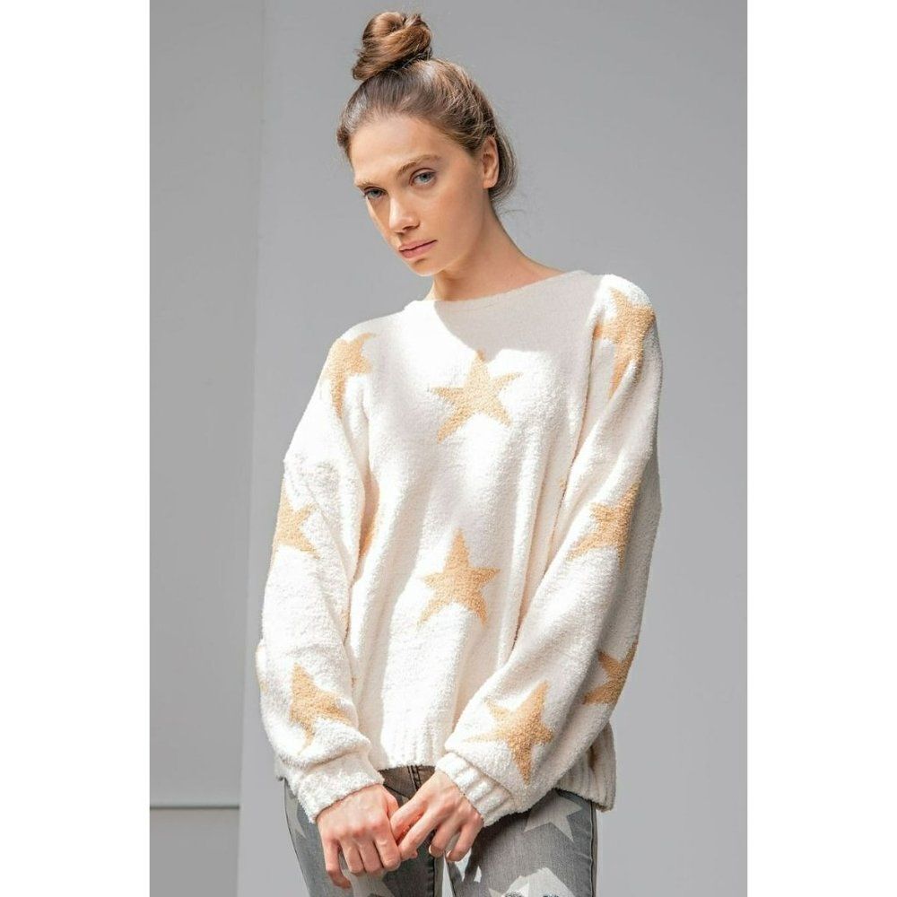 Easel Star Patterned Sweater Comfy Cozy Soft Pullover Cardigan Ivory S-L ET17785